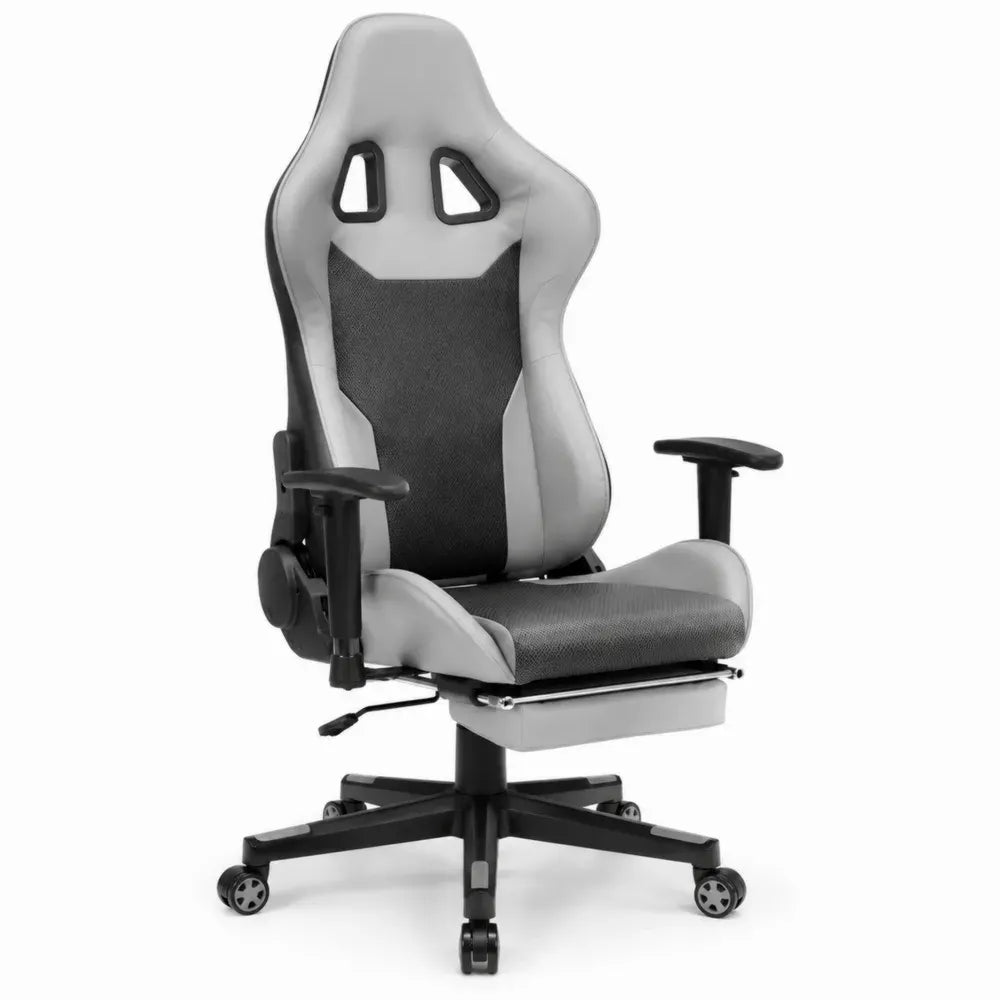 Gamingstuhl Bürostuhl höhenverstellbar mit Fußstütze PU Kunstleder Polyester Hellgrau Dunkelgrau Schwarz 68 x 70 x 124 bis 134 cm