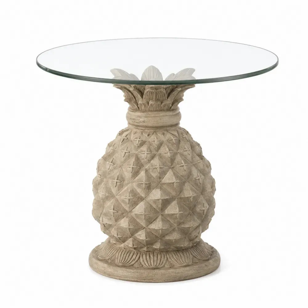Runder Gartentisch mit Glasplatte Ø 80 x 75 cm gehärtetes Glas Polyresin Ananas-Sockel Transparent Beige Grau