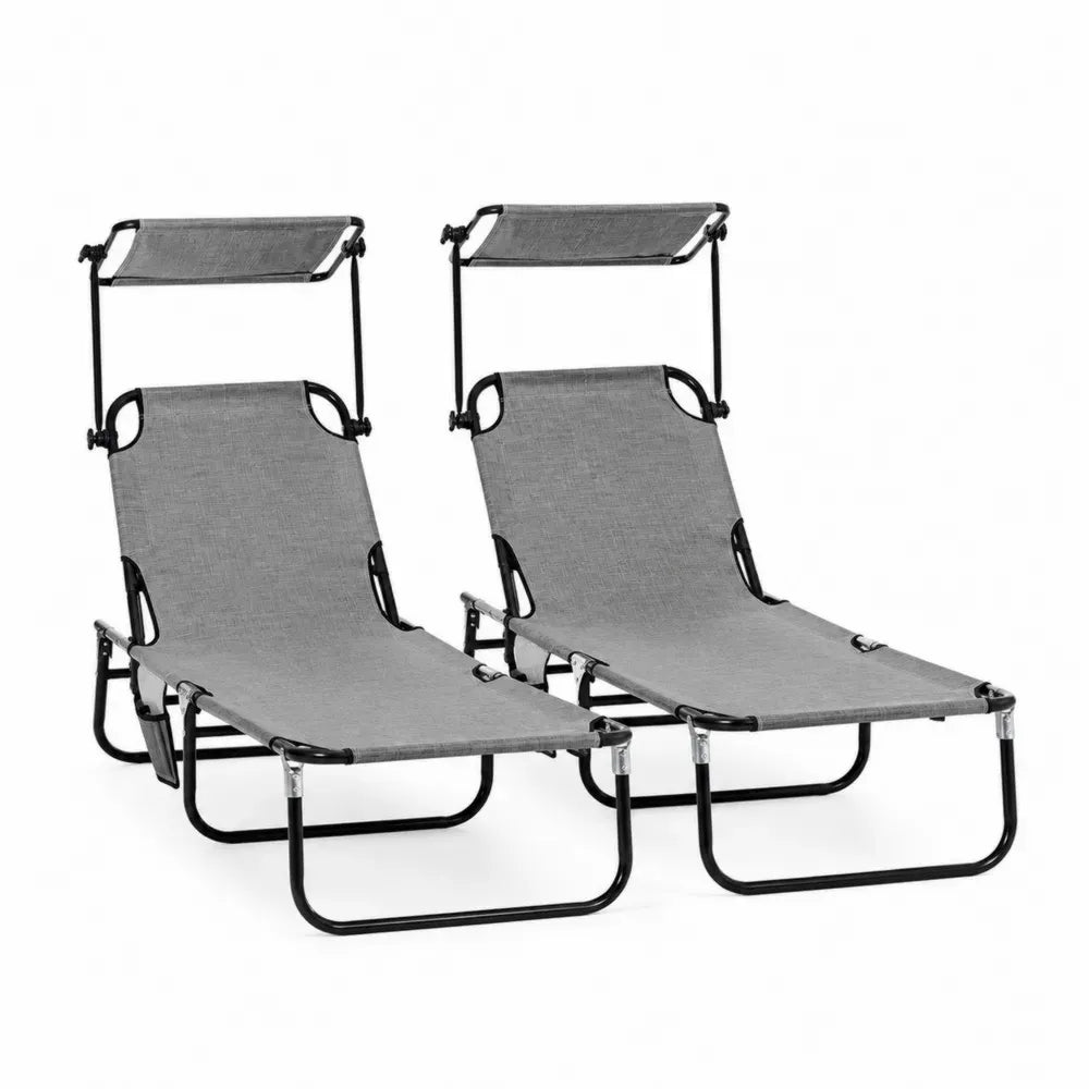 Sonnenliegen 2er Set klappbar mit Sonnendach je 190 x 58 x 88 cm Stahl PVC-beschichtetes Polyestergewebe Grau Schwarz