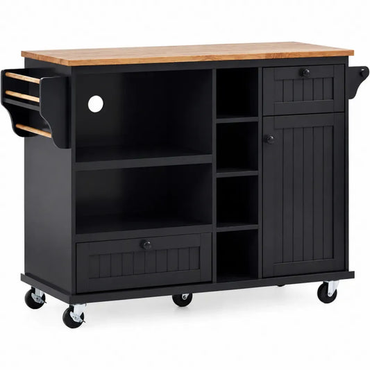 Küchenwagen rechteckig mit Rollen 2 Schubladen Türfach Ablagen MDF Kautschukholz Schwarz Natur 115 x 45 x 90 cm