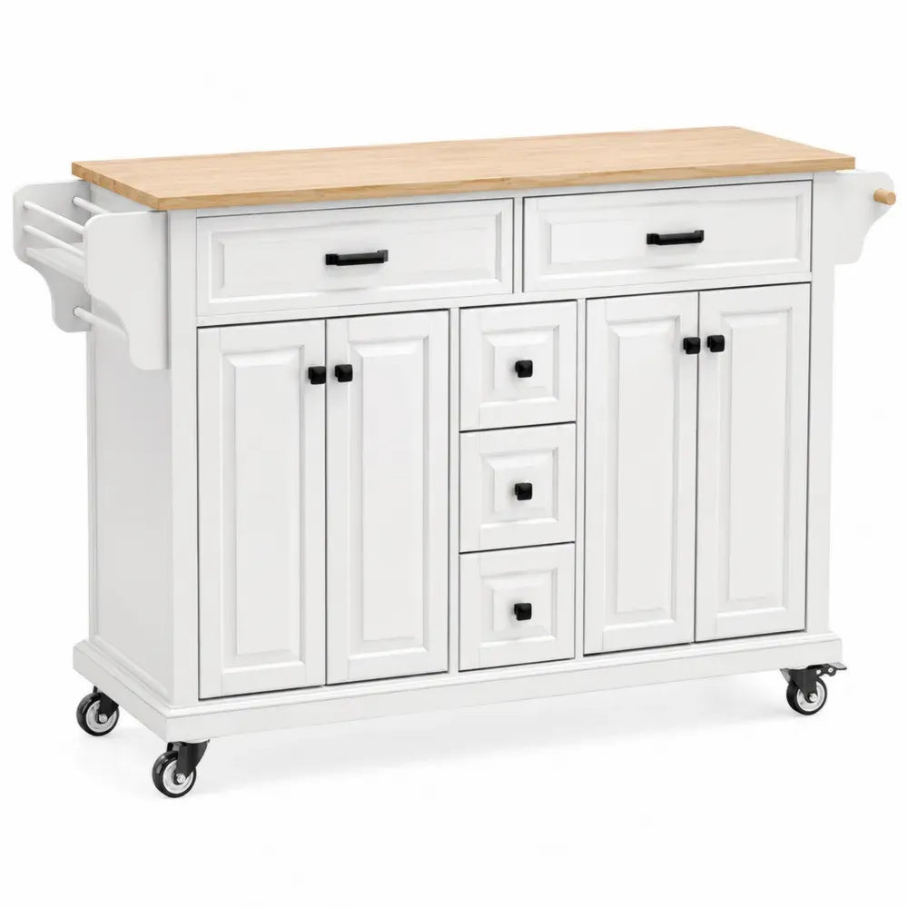 Küchenwagen rechteckig mit Rollen 5 Schubladen 4 Türen MDF Kautschukholz Weiß Natur 120 x 45 x 90 cm