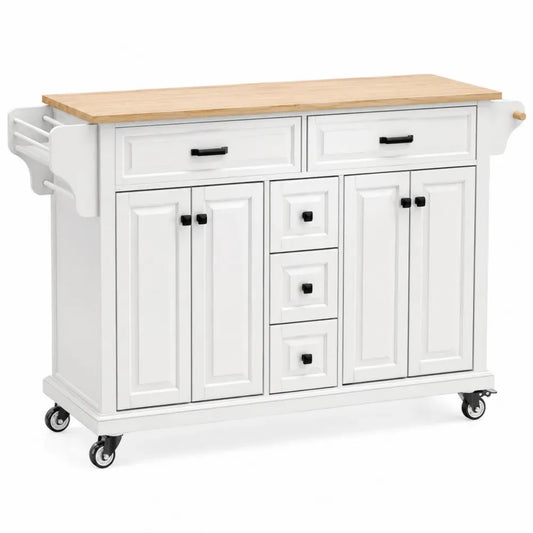 Küchenwagen rechteckig mit Rollen 5 Schubladen 4 Türen MDF Kautschukholz Weiß Natur 120 x 45 x 90 cm