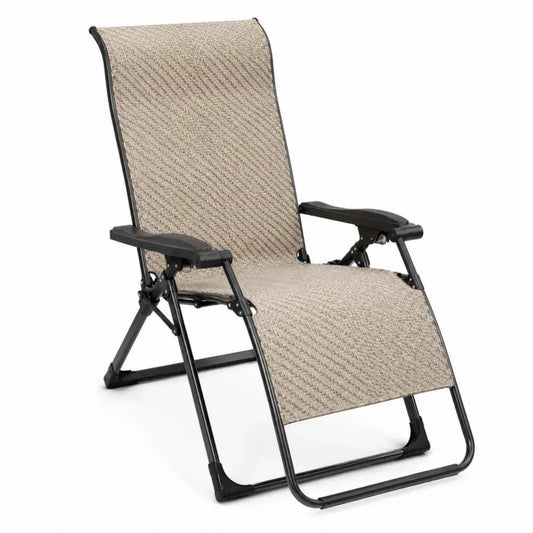 Klappbare Relaxliege mit Armlehnen und Beinauflage pulverbeschichteter Stahl PVC-beschichtetes Polyestergewebe Beige Schwarz 65 x 92 x 112 cm