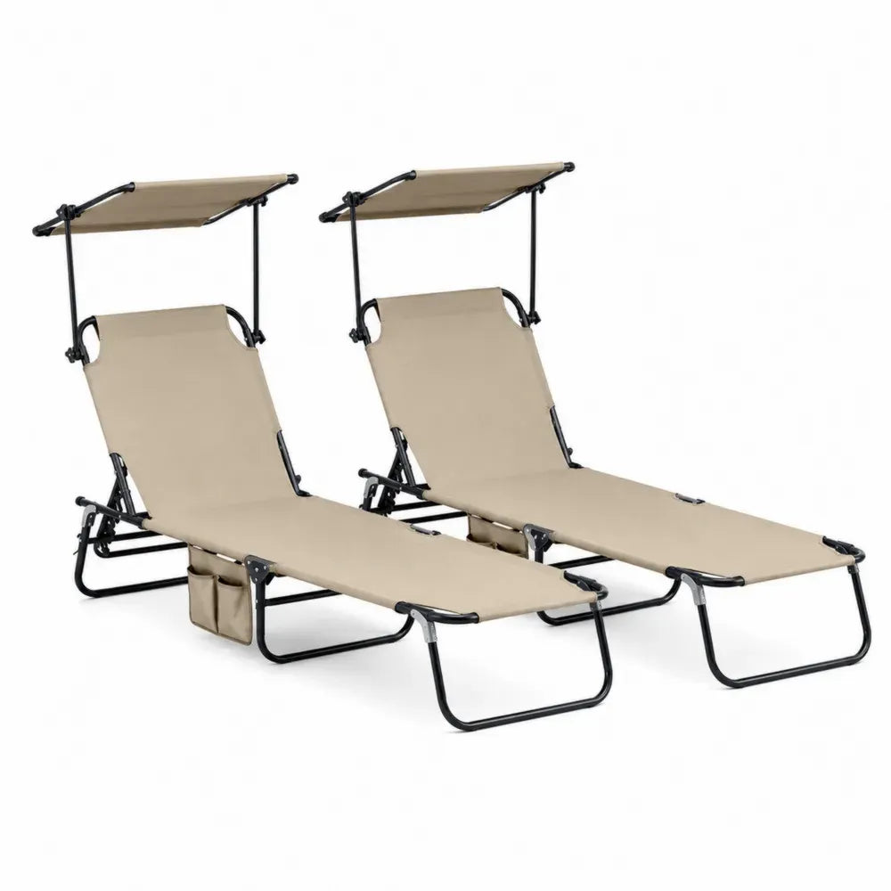 Sonnenliegen 2er Set klappbar mit verstellbarem Sonnendach pulverbeschichteter Stahl Polyestergewebe Beige Schwarz je 188 x 58 x 86 cm