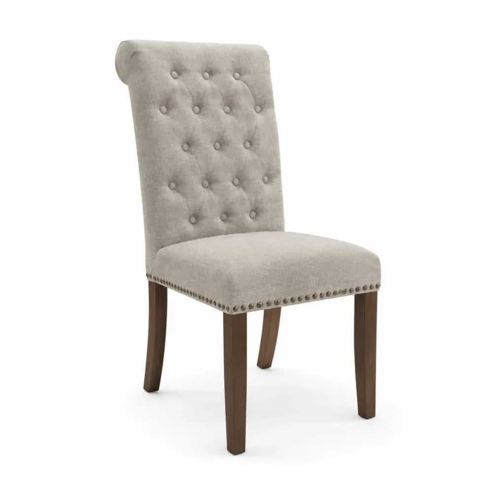 Esszimmerstuhl Polsterstuhl mit Knopfheftung und Ziernägeln Polyestergewebe Kautschukholz Beige Grau Braun Antikmessing 51 x 62 x 104 cm
