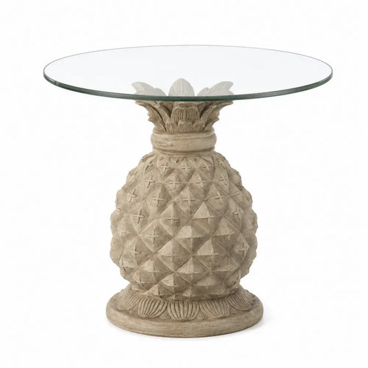 Runder Gartentisch mit Glasplatte Ø 80 x 75 cm gehärtetes Glas Polyresin Ananas-Sockel Transparent Beige Grau