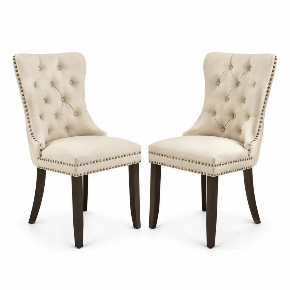 2er Set Esszimmerstühle gepolstert mit Knopfheftung Polyester Kautschukholz Beige Dunkelbraun Altgold je 56 x 64 x 96 cm