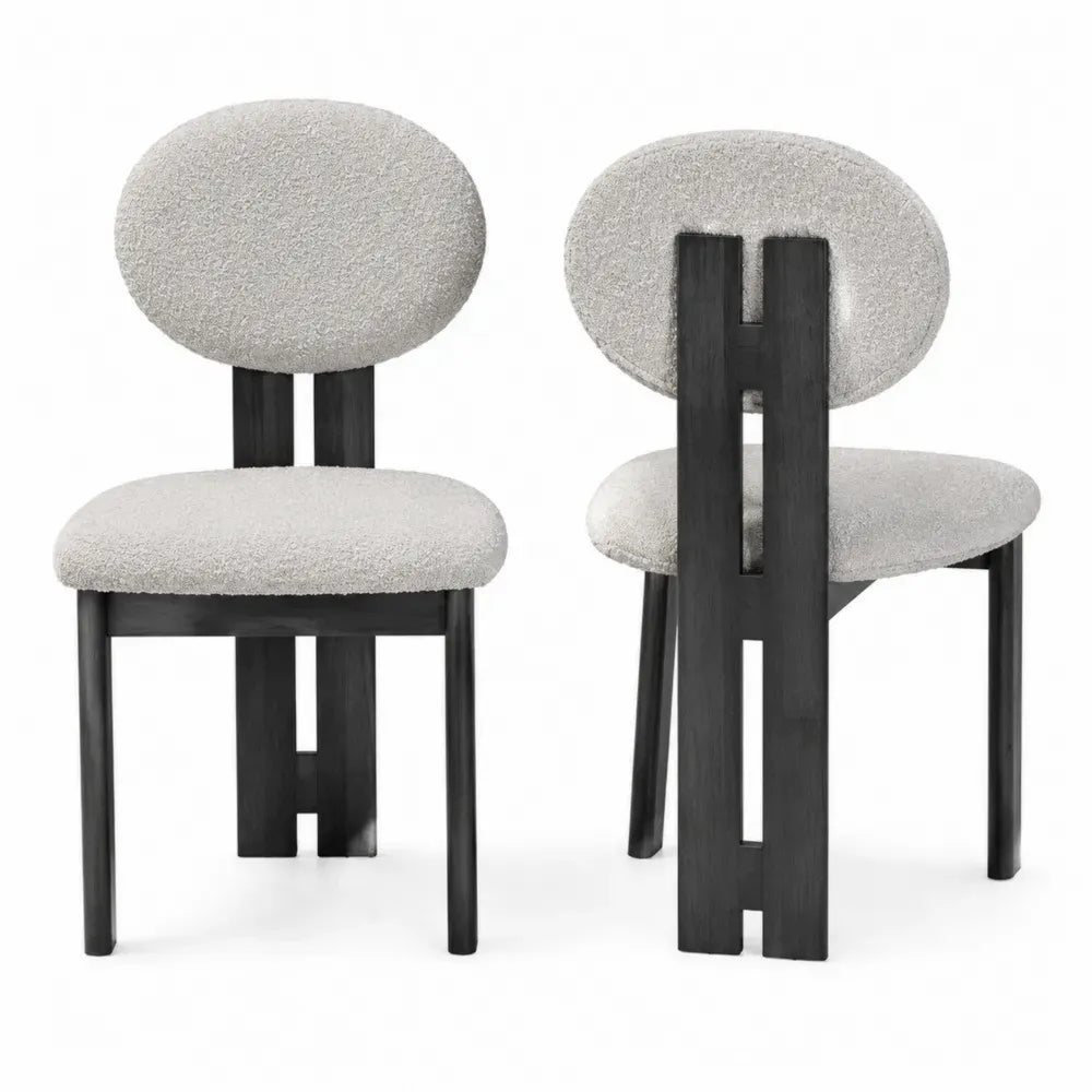 Esszimmerstühle 2er Set gepolstert mit ovaler Rückenlehne Polyester-Bouclé Kautschukholz Hellgrau Schwarz 50 x 56 x 80 cm