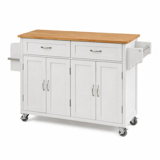 Küchenwagen rechteckig mit Rollen 2 Schubladen 4 Türen MDF Bambus Weiß Naturholzton 125 x 48 x 90 cm