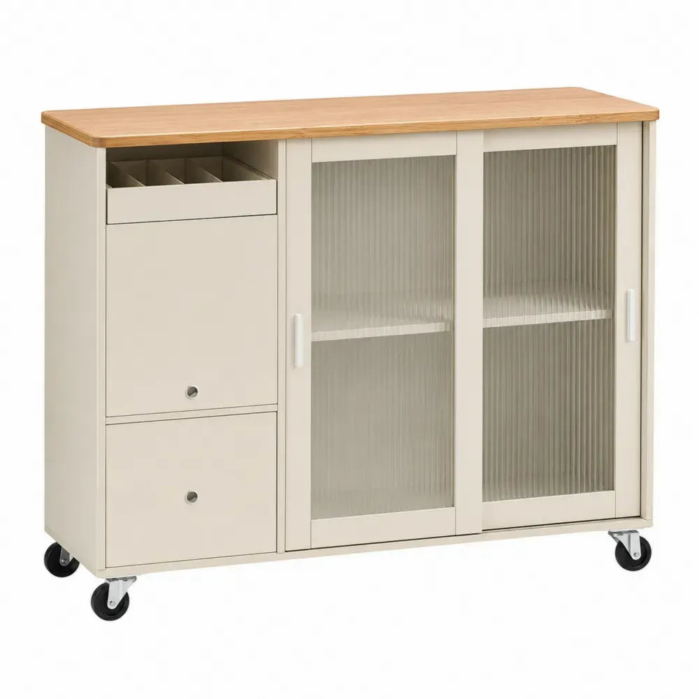 Küchenwagen rechteckig mit Rollen 2 Klappfächern Schiebetüren Riffelglas MDF Kautschukholz Creme Naturholzton 120 x 40 x 85 cm