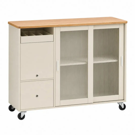 Küchenwagen rechteckig mit Rollen 2 Klappfächern Schiebetüren Riffelglas MDF Kautschukholz Creme Naturholzton 120 x 40 x 85 cm