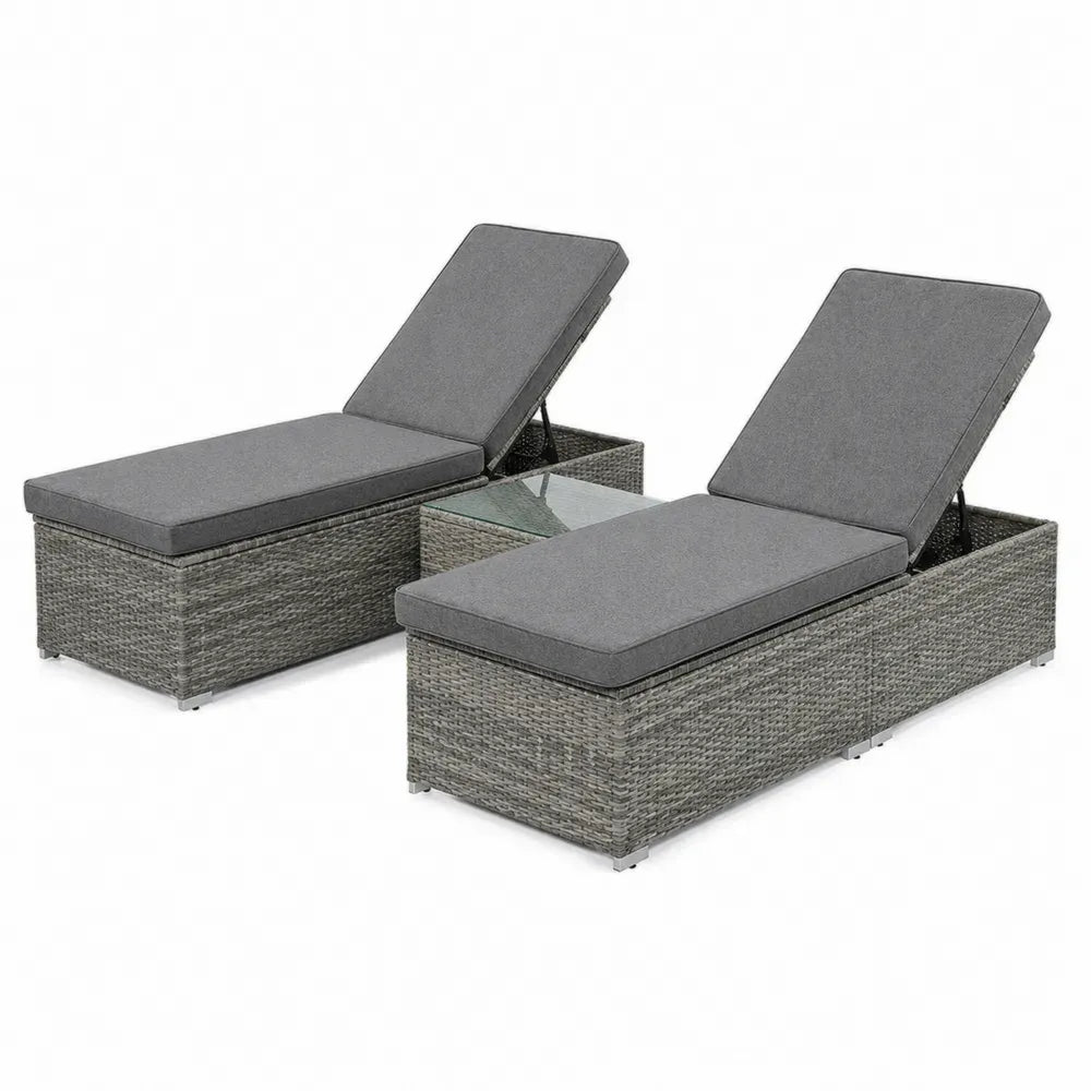 Gartenliegen Sonnenliegen 2er Set mit Beistelltisch 195 x 65 x 95 cm PE Rattan Stahlrahmen Polyesterauflagen rechteckig grau dunkelgrau