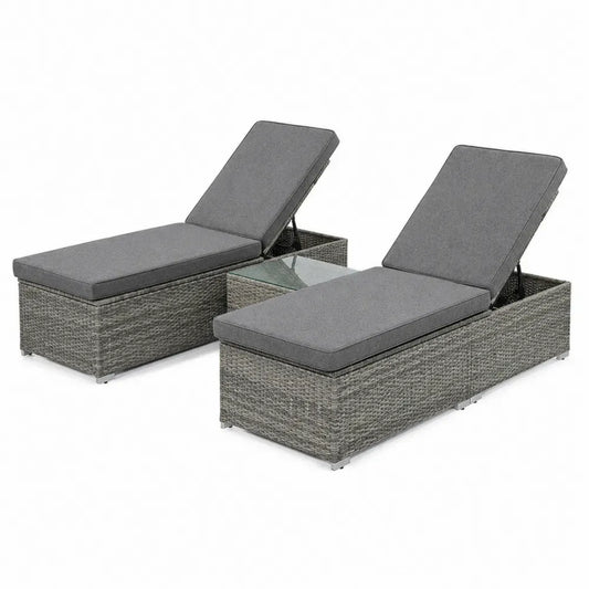 Gartenliegen Sonnenliegen 2er Set mit Beistelltisch 195 x 65 x 95 cm PE Rattan Stahlrahmen Polyesterauflagen rechteckig grau dunkelgrau