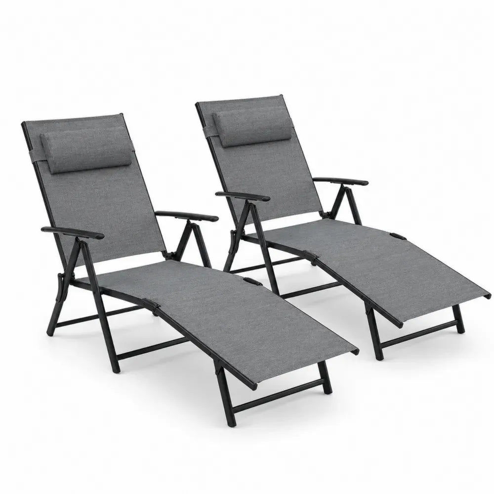 Gartenliegen Sonnenliegen 2er Set klappbar verstellbar mit Kopfkissen 178 x 63 x 100 cm PVC beschichtetes Polyestergewebe Stahl rechteckig grau schwarz