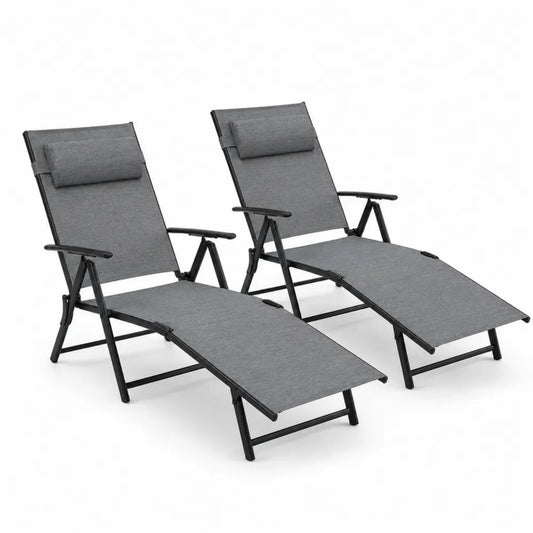 Gartenliegen Sonnenliegen 2er Set klappbar verstellbar mit Kopfkissen 178 x 63 x 100 cm PVC beschichtetes Polyestergewebe Stahl rechteckig grau schwarz