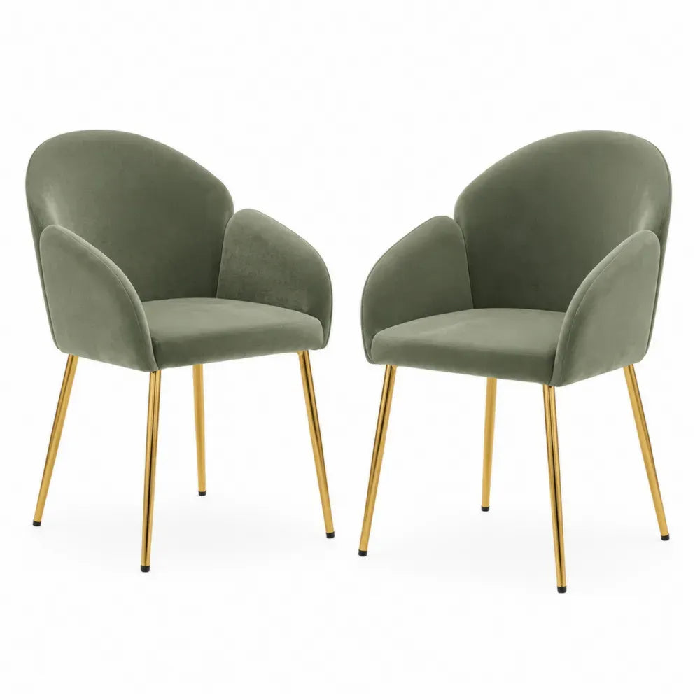 Esszimmerstühle 2er Set mit Armlehnen gepolstert Polyester-Samt Stahl Salbeigrün Goldfarben 57 x 58 x 81 cm