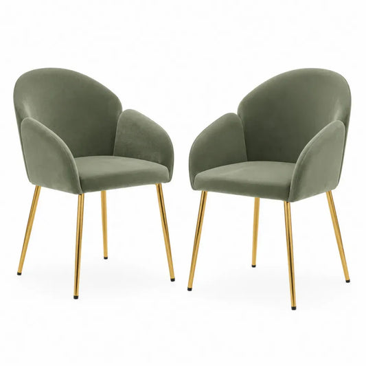 Esszimmerstühle 2er Set mit Armlehnen gepolstert Polyester-Samt Stahl Salbeigrün Goldfarben 57 x 58 x 81 cm